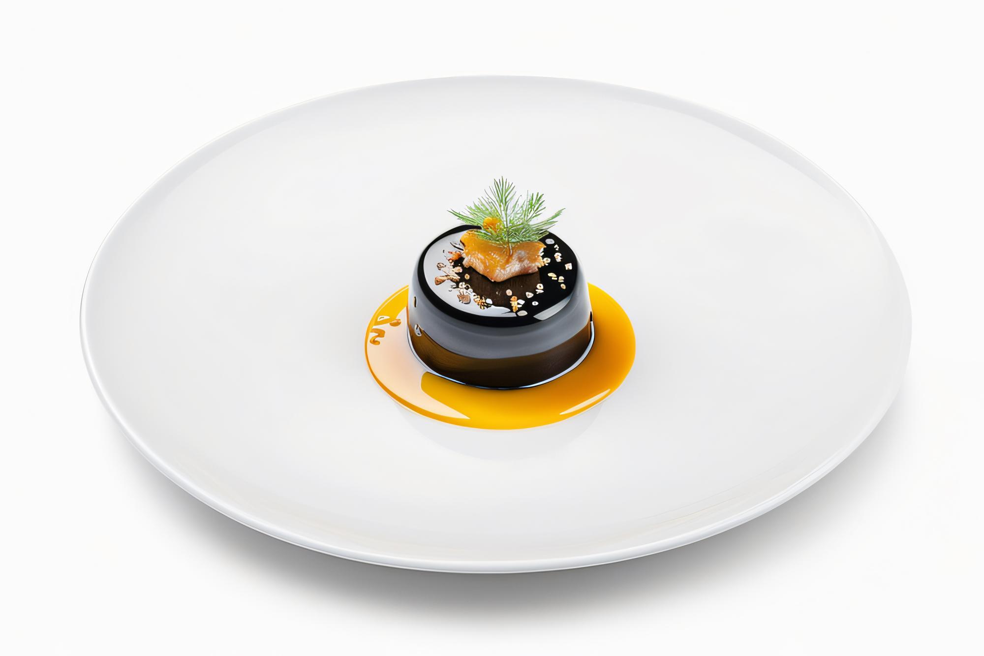 Chef demonstrating plated gourmet dish on kitchen counter